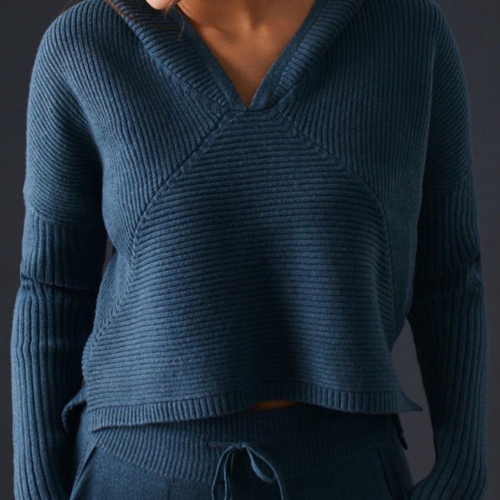 Daily Practice by Anthropologie Cropped Sweater Hoodie Ribbed ~ XS Teal Blue.